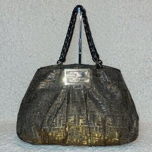 Fendi Mia Rare Shimmering Metallic Glitter Gold Zucca Lurex Large Tote Bag